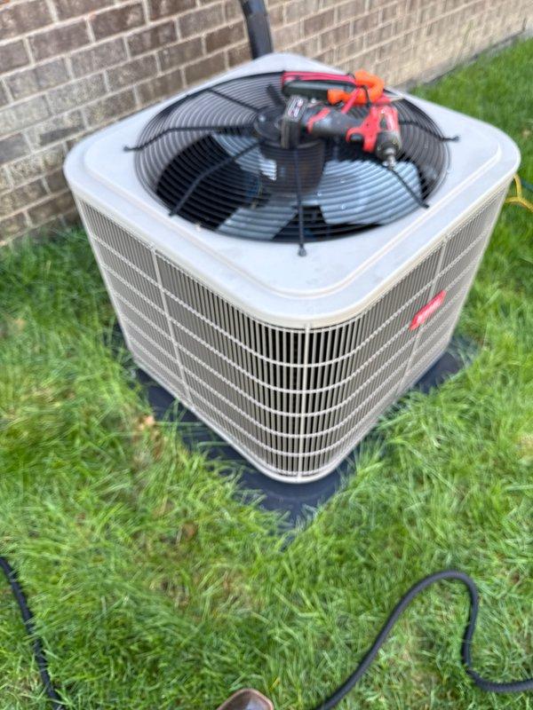 Completed annual preventative maintenance on residential air conditioning system. Performed comprehensive inspection of outdoor condenser unit, checked refrigerant pressures using manifold gauges, verified fan motor operation, and ensured all electrical connections were secure. Unit operating within normal parameters with no issues identified.