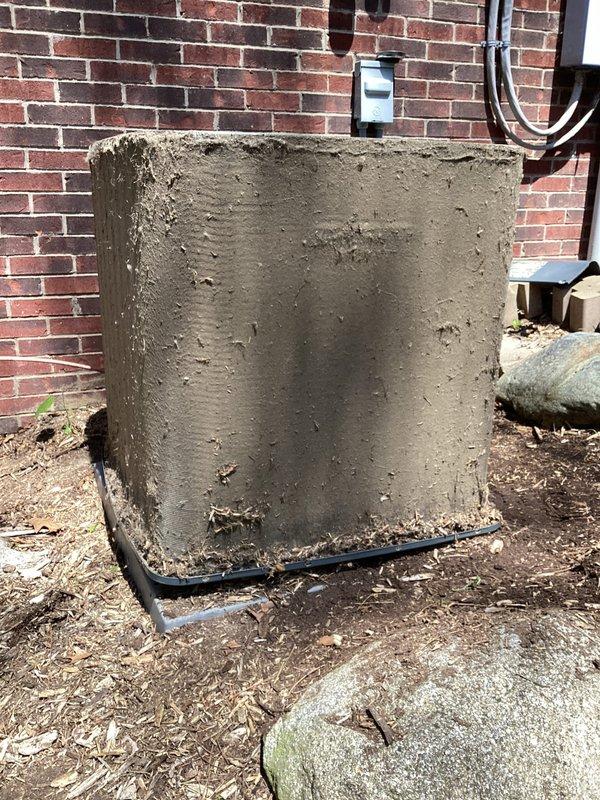 Completed annual spring maintenance on an 8-year-old residential central air conditioning system. Performed comprehensive AC tune-up including inspection of outdoor condenser unit, which showed significant accumulation of dirt, debris, and environmental buildup on exterior surfaces. Cleaned condenser coils and exterior housing to remove caked-on grime and organic matter that had accumulated over time. Inspected refrigerant lines, electrical connections, and disconnect box for proper operation. Verified system functionality and confirmed unit is operating within normal parameters. All components tested and system returned to proper working condition with no issues identified requiring immediate repair.
