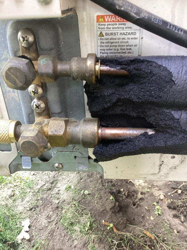 Completed annual maintenance on mini split system consisting of one indoor head unit and one outdoor condenser unit. Performed comprehensive inspection of refrigerant lines, service valves, and electrical connections on outdoor unit mounted on exterior brick wall. Cleaned indoor air handler filter, inspected drain line operation, and verified proper system operation under cooling mode. All components found to be functioning within normal parameters.