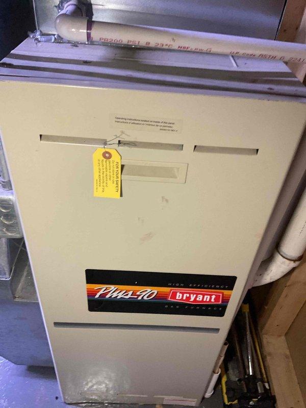 Conducted on-site evaluation of non-functional Bryant Plus 90 high-efficiency gas furnace located in basement. Unit is 15+ years old and has reached end of serviceable life. Provided comprehensive estimate for complete furnace replacement system including new high-efficiency unit, venting modifications, ductwork connections, and all necessary components to restore residential heating capability.