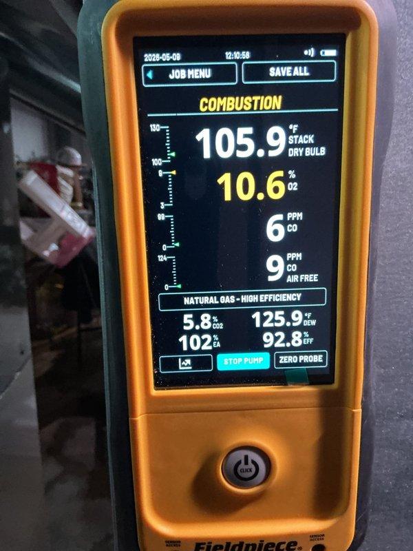 Responded to no heat call on eight-year-old forced air furnace reported to be tripping with a small leak but still providing heat. Performed comprehensive system diagnostics including combustion analysis, which revealed acceptable readings: 10.6% O2, 6 PPM CO, 102% efficiency on natural gas high-efficiency unit with stack temperature at 105.9°F. Inspected flexible ductwork and system components, verified temperature differentials at 25°F across system, and confirmed unit operational status. Identified minor leak condition requiring monitoring; system remains functional with satisfactory combustion parameters.