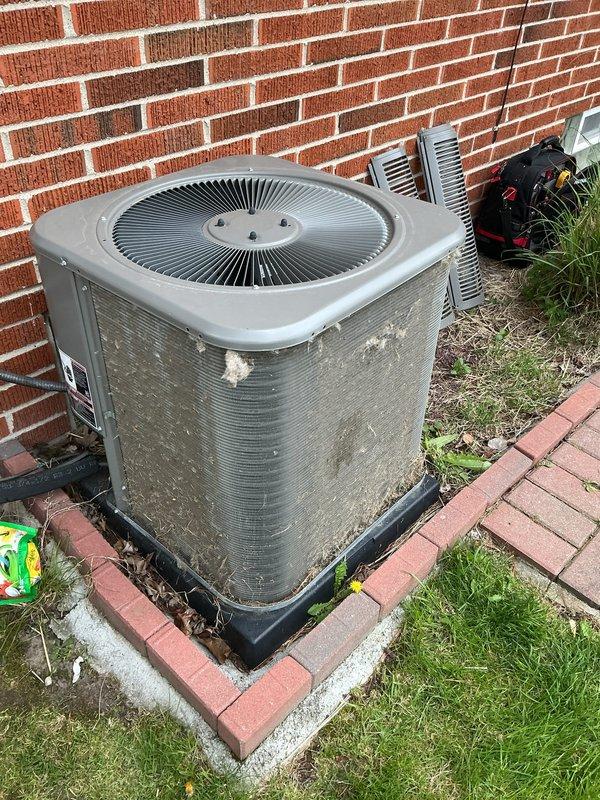 Completed comprehensive Air Care maintenance inspection on residential HVAC system including both heating and cooling components. Performed standard preventative maintenance procedures on outdoor condenser unit, inspecting operational condition, cleaning accessible surfaces, and verifying proper system function. Unit showed normal weathering and surface accumulation consistent with outdoor installation; all components operating within acceptable parameters upon completion of maintenance protocol.