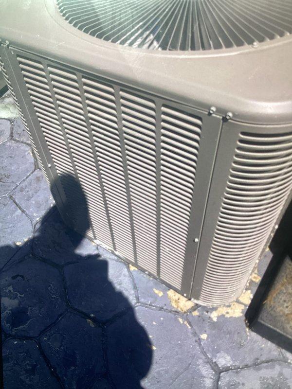 Completed annual wellness check on residential air conditioning system as part of routine preventive maintenance program. Performed comprehensive inspection of outdoor condenser unit, documenting current equipment condition with photographic evidence. Unit exterior showed moderate environmental wear and significant debris accumulation on condenser coil fins, requiring attention to maintain optimal heat transfer efficiency and system performance. Verified equipment operational status and documented findings for maintenance records.