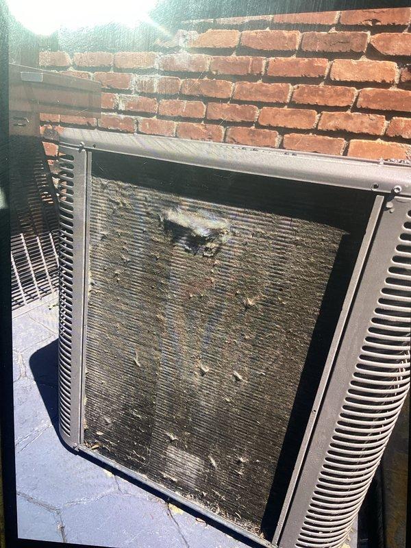 Completed annual wellness check on residential air conditioning system as part of routine preventive maintenance program. Performed comprehensive inspection of outdoor condenser unit, documenting current equipment condition with photographic evidence. Unit exterior showed moderate environmental wear and significant debris accumulation on condenser coil fins, requiring attention to maintain optimal heat transfer efficiency and system performance. Verified equipment operational status and documented findings for maintenance records.