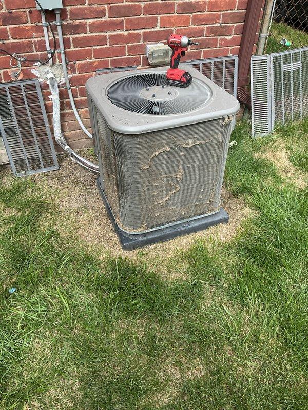 Completed scheduled air conditioning maintenance on outdoor condenser unit. Performed comprehensive system inspection, noting significant exterior weathering and corrosion on cabinet panels. Checked refrigerant lines, electrical connections, and fan operation to ensure proper system function for the cooling season.