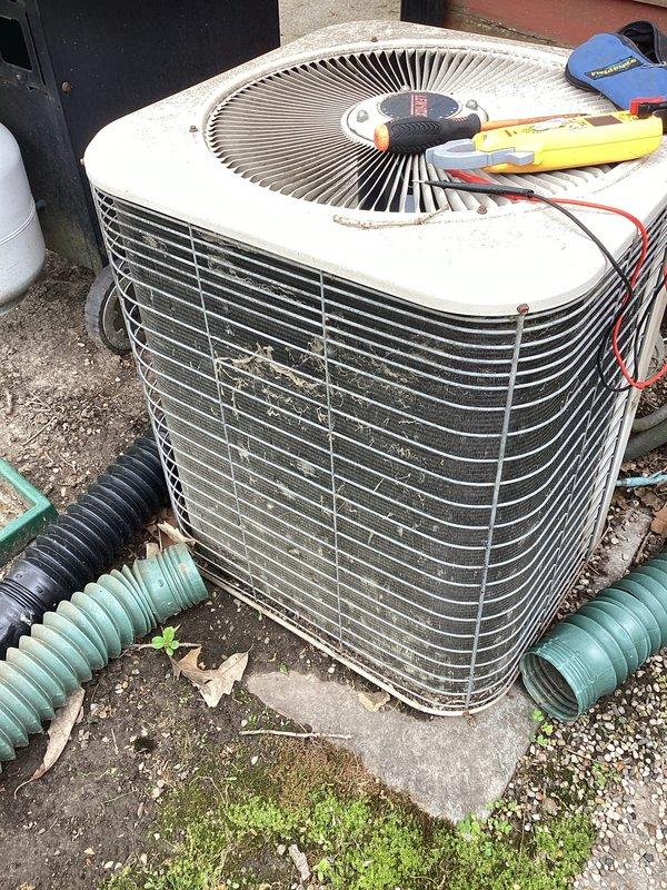 Completed comprehensive spring AC tune-up on 16-year-old Lennox outdoor condenser unit. Performed electrical diagnostics using voltage meter, verified proper compressor operation, cleaned condenser coils and fan assembly, inspected refrigerant lines and drainage system, and confirmed all components functioning within normal parameters. System operational and ready for cooling season.