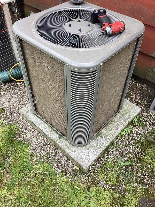 Completed comprehensive spring AC tune-up on 16-year-old Lennox outdoor condenser unit. Performed electrical diagnostics using voltage meter, verified proper compressor operation, cleaned condenser coils and fan assembly, inspected refrigerant lines and drainage system, and confirmed all components functioning within normal parameters. System operational and ready for cooling season.