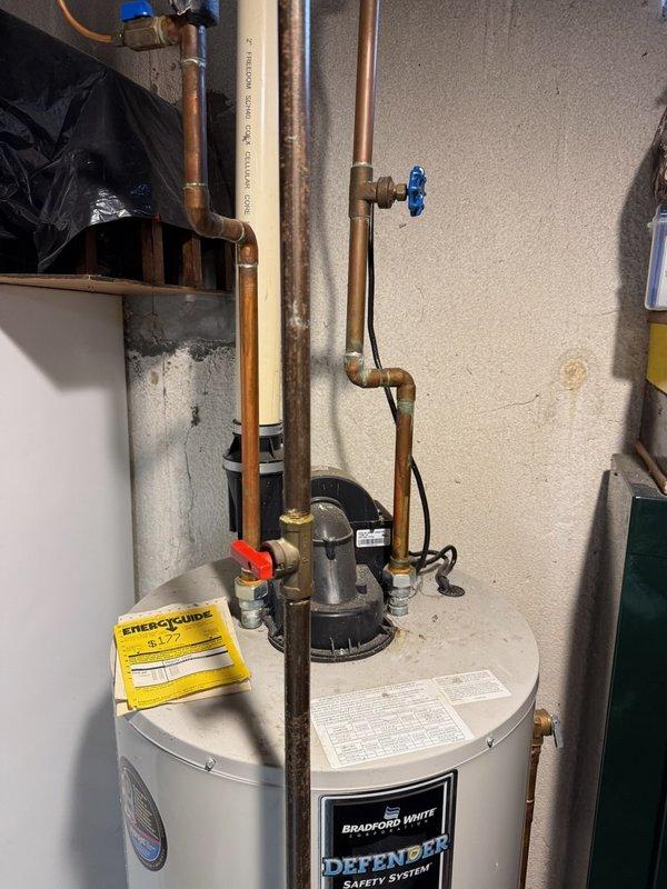Completed routine ACM maintenance service including filter inspection and replacement. Documented water heater installation and plumbing configuration with copper piping, brass fittings, and circulation system components all operating within normal parameters.
