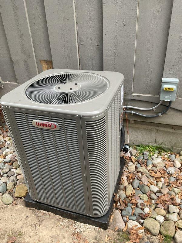 Completed day two of a full HVAC system installation including a 110,000 BTU furnace, 3-ton Lennox air conditioning unit with left-side configuration, and ductwork alterations. Installed outdoor AC unit on concrete pad with proper electrical disconnect, positioned furnace in utility closet with modified ductwork routing, and reconnected all necessary components. All mechanical and electrical permits were previously obtained, and system was fully commissioned and operational upon completion.