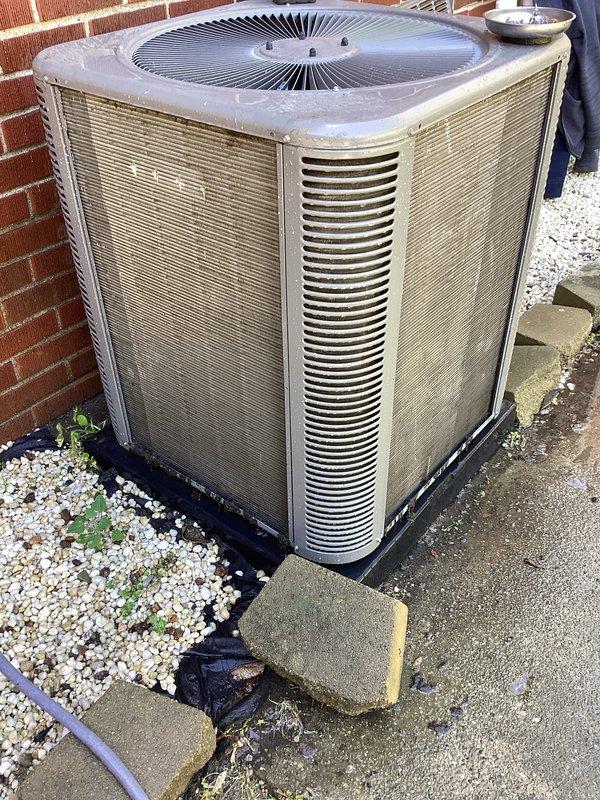 Completed routine Air Care Maintenance on residential air conditioning system. Performed comprehensive inspection of outdoor condenser unit, verifying proper operation and airflow through louvered panels and fan assembly. Advised customer that air filter requires replacement to maintain optimal system efficiency and indoor air quality.