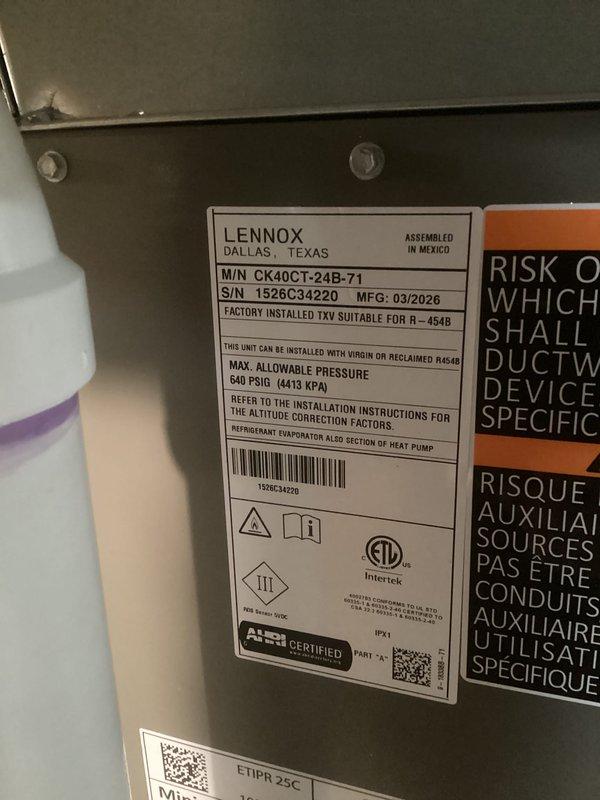 Completed full HVAC system installation including a Lennox 70,000 BTU gas furnace (Model HK40CT-24B-71) with factory-installed TXV for R-454B refrigerant and a 2-ton air conditioning unit in the rear yard. Installation included humidifier integration, new chimney liner for proper venting, and dedicated electrical circuit to meet code requirements. All necessary mechanical and electrical permits were obtained prior to installation, and system was commissioned and tested for proper operation upon completion.