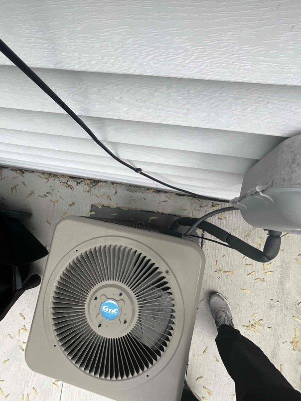 Conducted comprehensive site evaluation for HVAC system replacement estimate on residential property with 10+ year-old equipment. Assessed existing outdoor condensing unit positioned on concrete pad adjacent to building exterior, noting weathered installation and age-related wear patterns. Evaluated natural gas meter installation, associated gas piping, shut-off valves, and brass fittings to determine compatibility requirements for new furnace installation. Documented basement equipment location and existing infrastructure including electrical service, refrigerant line routing, and utility connections. Photographed current system configuration, concrete pad condition, gas supply components, and exterior penetration points to support equipment sizing calculations and installation planning. Reviewed operational status of functioning system to establish baseline performance metrics and customer comfort requirements for replacement specifications.