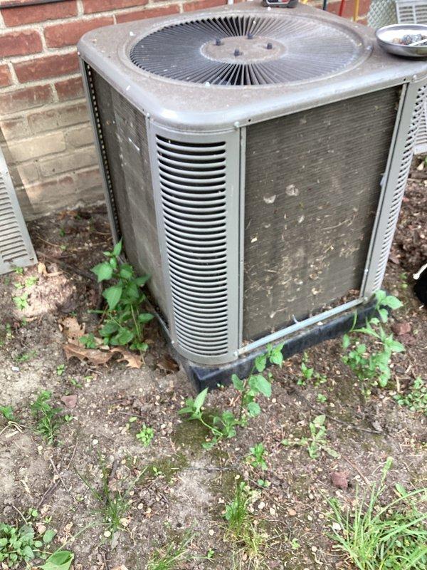 Completed annual cooling maintenance on outdoor condenser unit. Performed system inspection, replaced air filter and evaporative cooler pad, cleaned condenser coils and cabinet surfaces of accumulated dirt and debris, and cleared vegetation growth from around unit perimeter to ensure proper airflow and operation.