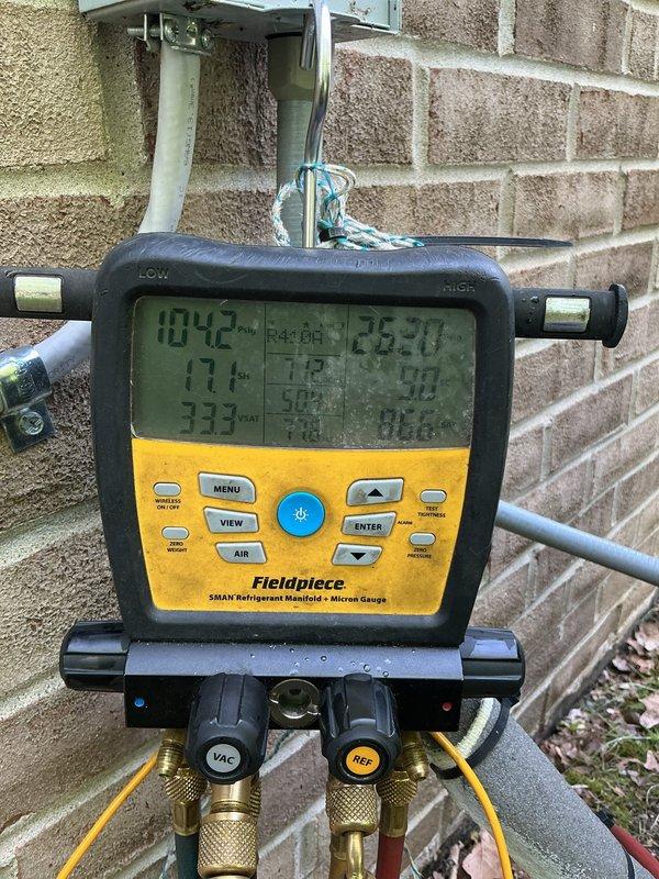 Completed annual cooling maintenance on residential split system air conditioning unit. Performed comprehensive system diagnostics using digital manifold gauges to measure refrigerant pressures and temperatures, verified proper operating parameters, and documented equipment condition. Unit exterior showed significant dirt and debris accumulation on condenser coils and housing, which was addressed as part of routine maintenance procedures to ensure optimal heat exchange efficiency and system performance.