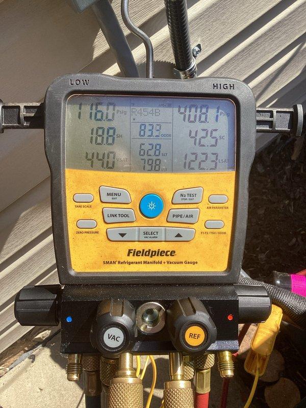 Responded to callback for newly installed AC unit with short cycling issue. Connected refrigerant manifold and gauges to measure system pressures, which revealed improper charge levels on the new equipment. Corrected refrigerant charge to manufacturer specifications, verified proper system operation with normal run cycles, and restored cooling to the home.