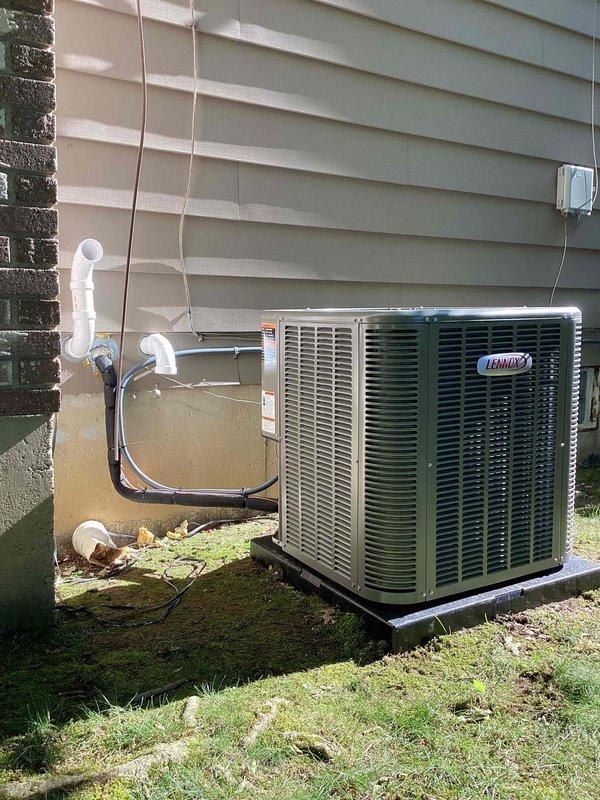 Completed full HVAC system installation including a 70,000 BTU furnace and 2.5-ton air conditioning unit with right-side configuration. Installed Lennox outdoor condenser unit on concrete pad with proper clearances, ran electrical conduit and disconnect, established condensate drain lines with PVC piping, and reconnected all necessary utility connections. System tested and operational upon completion.