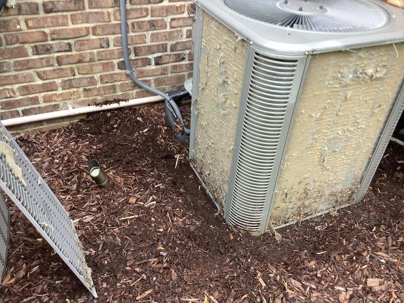 Responded to no-cooling complaint on dual 6-year-old Lennox systems. Upon arrival, verified both outdoor condenser units were operational with fans running and compressors cycling properly. Confirmed thermostat batteries had been recently replaced and air filters changed by homeowner with no improvement in cooling performance. Performed diagnostic testing on both systems including refrigerant pressure checks, electrical component verification, and airflow measurements. Both Trane and Lennox condensers showed normal operating parameters with adequate airflow through coils despite visible exterior weathering and debris accumulation on cabinet surfaces. Systems restored to proper cooling operation.