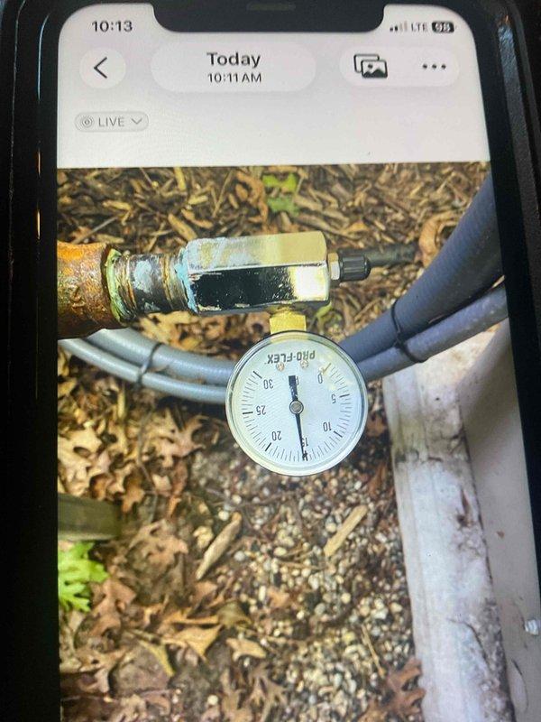 Performed gas pressure test on outdoor generator system using calibrated PRO-FLEX gauge to verify system integrity and proper operating pressure within manufacturer specifications. Documented baseline pressure readings and confirmed all connections and brass fittings were secure, with test results indicating system is functioning safely and ready for service.