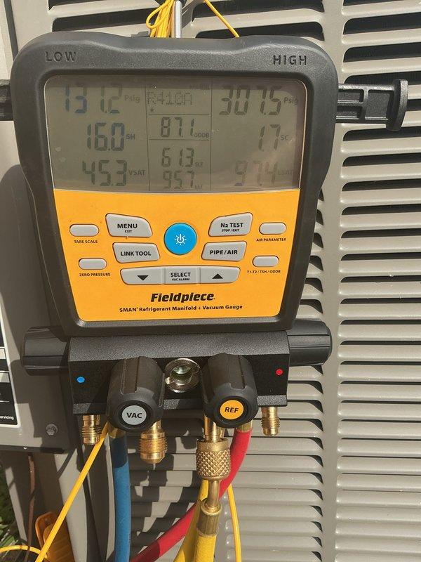 Completed annual preventive maintenance on a five-year-old residential air conditioning system. Performed comprehensive AC tune-up including system diagnostics using refrigerant manifold gauges to verify pressures and temperatures, inspected and cleaned condenser unit, removed and serviced air filters, and confirmed all components operating within manufacturer specifications. System tested and left in proper working condition with no deficiencies noted.