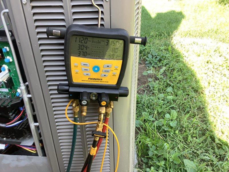 Performed comprehensive cooling system analysis on Lennox Signature Modulating equipment to address inadequate upstairs cooling performance. Conducted full system diagnostics including refrigerant pressure and temperature measurements using digital manifold gauges, verified thermostat programming and sensor calibration, assessed airflow distribution and damper positioning throughout the ductwork system. System showed previous damper adjustments had been reversed due to low suction pressure concerns; evaluated refrigerant charge levels, superheat/subcooling values, and zoning system operation to identify root cause of comfort issues and determine optimal solutions for improved cooling performance in upper level living spaces.