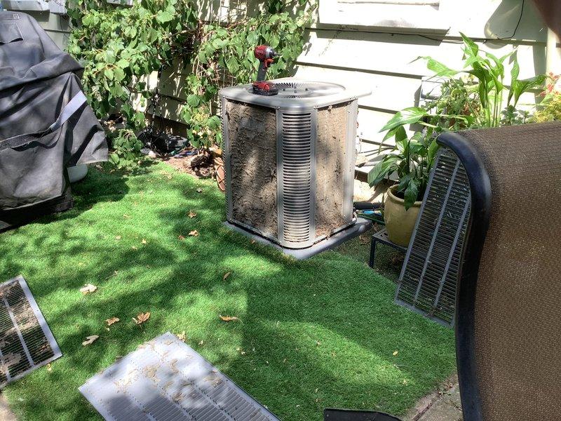Responded to no cooling complaint on a seven-year-old residential air conditioning system. Upon arrival, performed diagnostic evaluation of the outdoor condensing unit located on the patio area. Conducted visual inspection, checked electrical connections, tested capacitor and contactor operation, verified refrigerant pressures, and assessed overall system performance. Documented unit condition with photographs and completed necessary troubleshooting procedures to restore cooling operation.