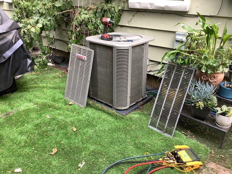 Responded to no cooling complaint on a seven-year-old residential air conditioning system. Upon arrival, performed diagnostic evaluation of the outdoor condensing unit located on the patio area. Conducted visual inspection, checked electrical connections, tested capacitor and contactor operation, verified refrigerant pressures, and assessed overall system performance. Documented unit condition with photographs and completed necessary troubleshooting procedures to restore cooling operation.