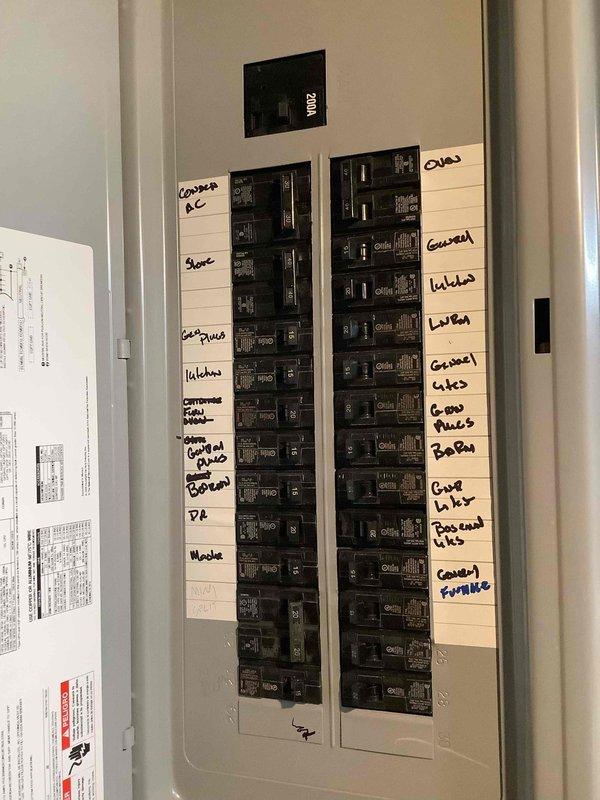 Conducted site evaluation for new whole home generator installation, assessing both Kohler and Generac system options. Inspected existing electrical infrastructure including main service panel with dual column breaker configuration serving all household circuits. Documented current HVAC equipment location on exterior brick wall to determine optimal generator placement and clearance requirements. Evaluated electrical panel capacity and available circuits to establish transfer switch integration requirements for whole home backup power system. Photographed electrical panel labeling showing all protected circuits including HVAC, kitchen appliances, lighting, garage, bedrooms, and bathrooms to determine critical load calculations for generator sizing.