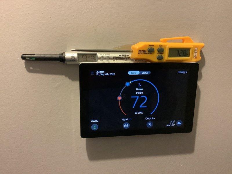 Responded to multiple cooling issue complaints and performed comprehensive system evaluation. Confirmed inadequate return air, which was contributing to reduced cooling performance. Verified thermostat operation showing system set to 71°F cooling setpoint with ambient temperature reading of 72.8°F. Conducted temperature measurements using calibrated instruments to assess system performance and airflow distribution throughout living spaces. Provided recommendations to improve return air pathways and optimize airflow for enhanced cooling efficiency.