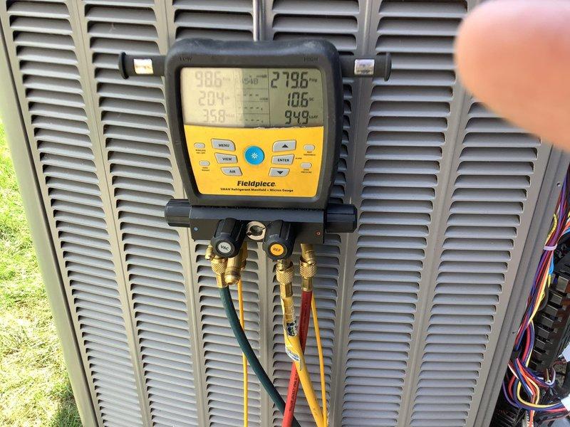 Responded to service call for water leaking from ducts and complete system freeze-up extending to furnace following recent pipe insulation work. Performed diagnostic evaluation of 7-year-old HVAC system located in basement using digital manifold gauges to assess refrigerant pressures and system performance. Identified issues contributing to excessive condensation, duct leaking, and freeze-up conditions that developed after recent home improvements including new insulation and windows, which may have altered airflow dynamics and humidity levels within the residence.