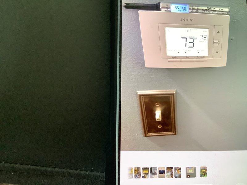 Responded to callback for 4-year-old AC system with ongoing cooling and dehumidification issues following two previous service visits where refrigerant adjustments and blower speed modifications were made. Conducted comprehensive system evaluation and documented thermostat readings showing 73°F room temperature with heating mode inadvertently active. Corrected thermostat programming, verified proper system operation in cooling mode, and escalated to field supervisor for review of previous refrigerant charge adjustments to ensure long-term resolution of humidity control concerns.