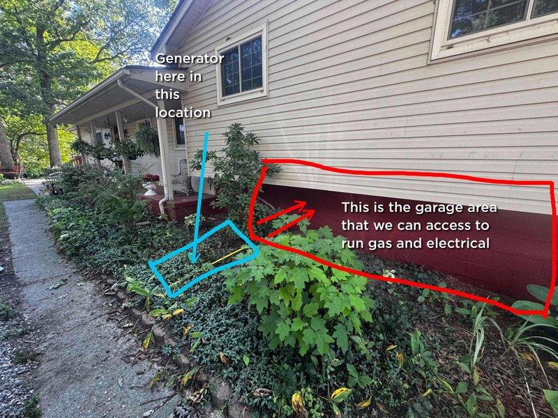 Conducted on-site evaluation for whole house generator installation at single-family residence with no existing backup power system. Assessed optimal placement location in front landscaping area near foundation, which provides adequate clearance and accessibility for equipment installation and future maintenance. Identified existing natural gas meter on exterior wall with available capacity for generator connection. Determined feasible routing path through adjacent garage area for both gas line extension and electrical connections to main service panel. Documented current electrical infrastructure and confirmed adequate space for required transfer switch installation. Photographed proposed generator placement site and gas meter location for equipment sizing and permit documentation.