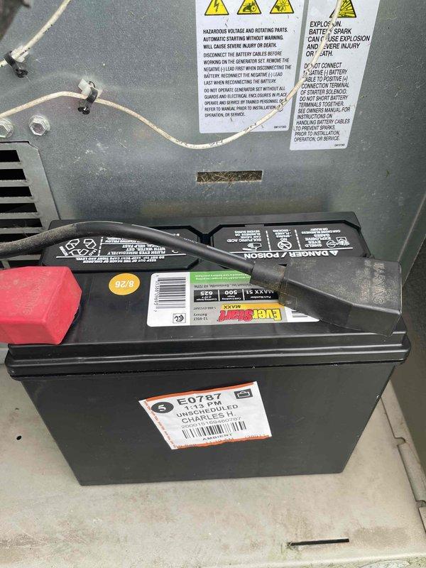 Completed annual preventative maintenance on 12KW Kohler generator. Performed comprehensive inspection of all major components including engine, alternator assembly, battery system, and control panel. Verified battery condition and terminal connections, inspected cooling system components and engine mounting hardware. Tested unit operation and confirmed generator is functioning properly with no deficiencies noted. All safety labels and warning indicators verified in place and legible.