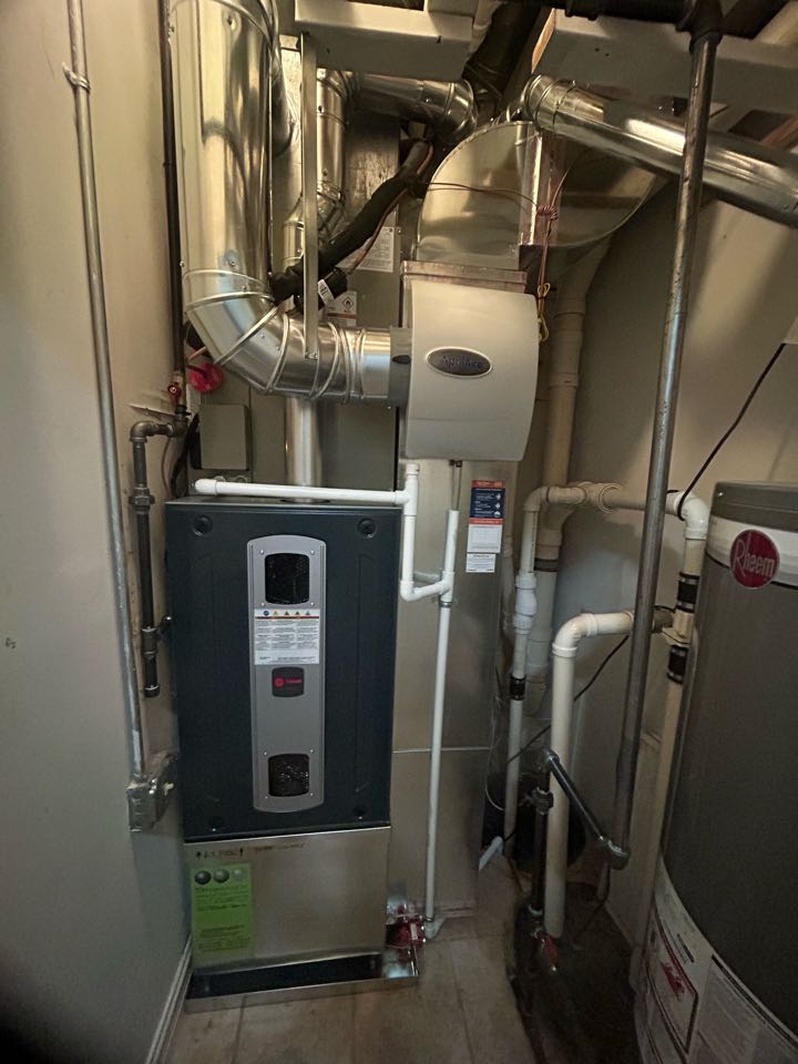 Tdh install new Trane furnace two stage variable speed with new cased coil. New support box and bypass humidifier Aprilaire 600m. 