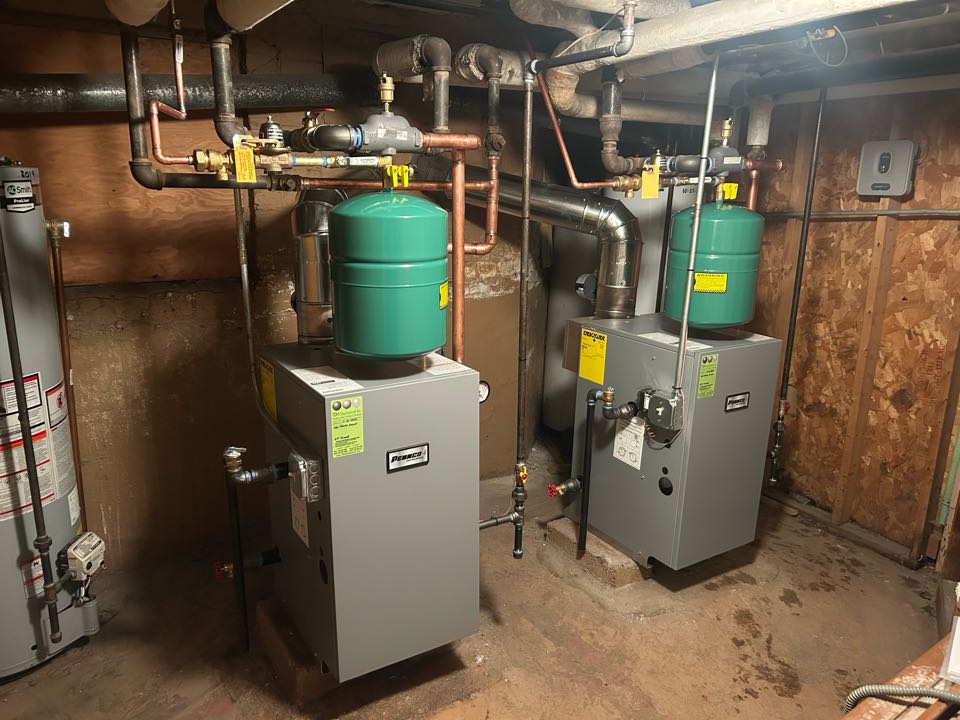 Tdh provide and install two new pennco hot water boiler with new expansion tanks, recirculation pump with isolation flanges, auto fill and backflow preventer. 