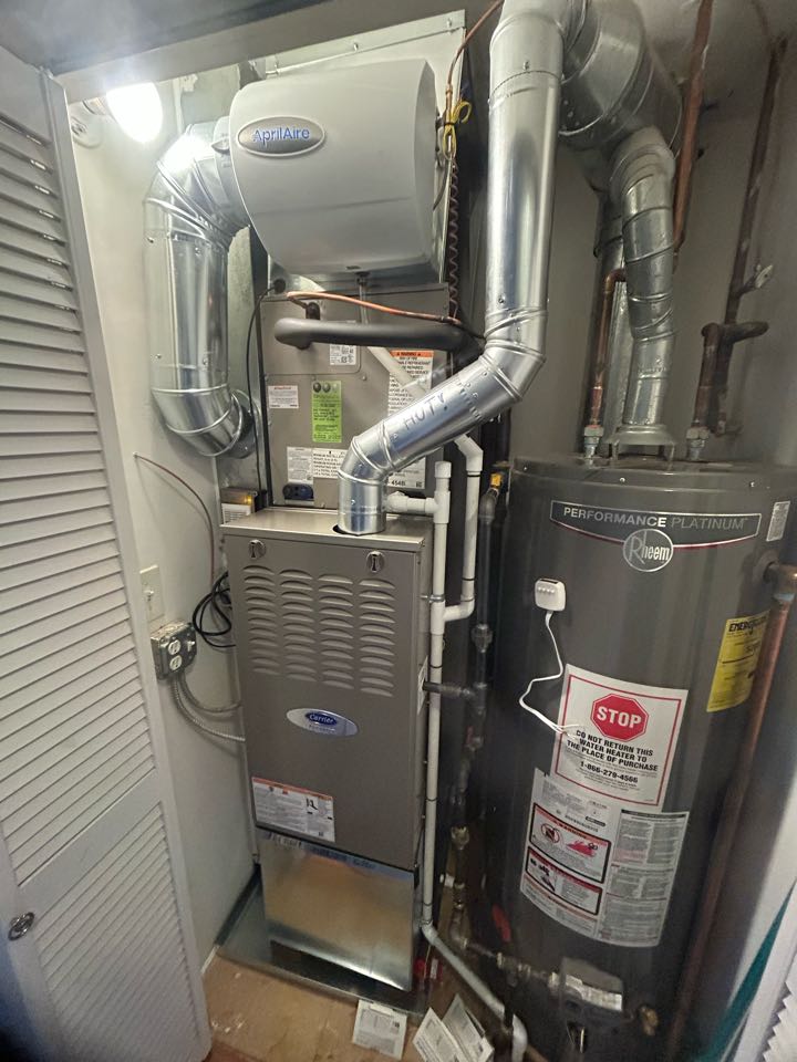 Tdh install new carrier furnace two stage withe new ac unit 14 seer and cased coil with txv valve. Install new drain pan with safety switch, Aprilaire 500 humidifier and ecobee thermostat. 