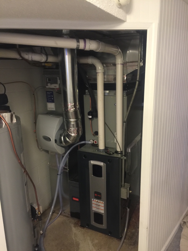 Installation of new Trane variable speed high efficient furnace, 16 seed Trane air conditioner, April aire 600 humidifier, Honeywell wifi thermostat and power vented water heater.
