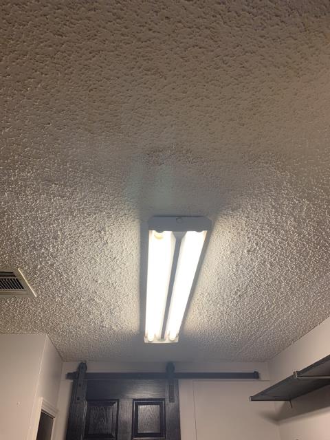 Scraped and re-textured popcorn ceiling around light in garage. Installed trim around vent pipe. Scraped and re-textured popcorn ceiling around light in garage. Installed trim around vent pipe.