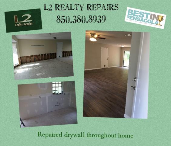 Repaired drywall throughout home. Painted interior. 