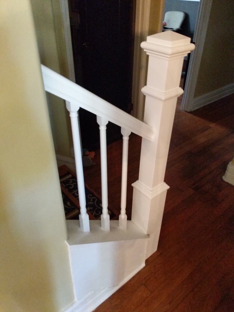 Rebuilt base of stairs that dog chewed up Rebuilt base of stairs that dog chewed up