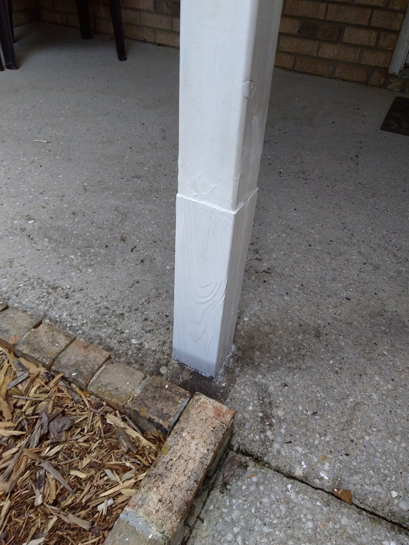 Replaced rotten wood on the bottom of a decorative front porch column. Replaced rotten wood on the bottom of a decorative front porch column.