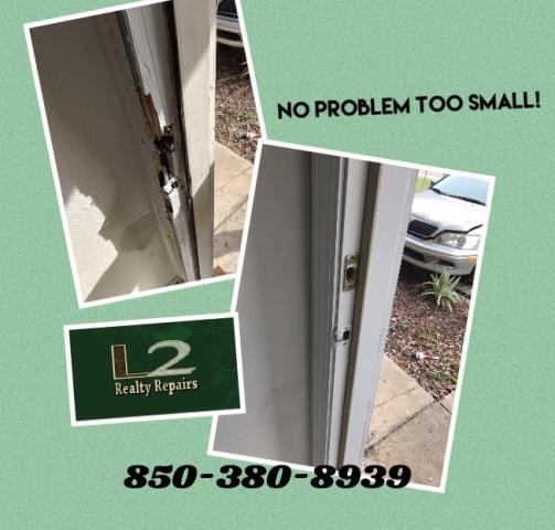 Repaired busted door frame, painted and replaced door handle and deadbolt. Repaired busted door frame, painted and replaced door handle and deadbolt.