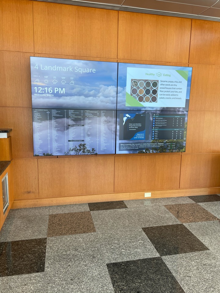 Stamford, CT - New digital screens technology in our building lobby. All companies renting space with us are displayed prominently on this board. Stamford, CT - New digital screens technology in our building lobby. All companies renting space with us are displayed prominently on this board.