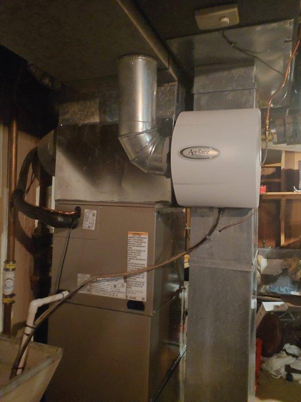 Successfully completed installation of a complete HVAC system featuring a 96% efficient Preferred Variable-Speed, Constant Torque ECM 2-Stage Standard Gas Furnace paired with a 3.5-ton Mid Tier 146SAN Single Stage R454B Air Conditioner (16 SEER2). System installation included evaporator coil replacement, lineset nitrogen purge, new outdoor pad, disconnect box with fuses, new filter rack, thermostat replacement (Honeywell T6 Pro 3H/2C), and reconnection to existing gas line, flue pipes and humidifier.