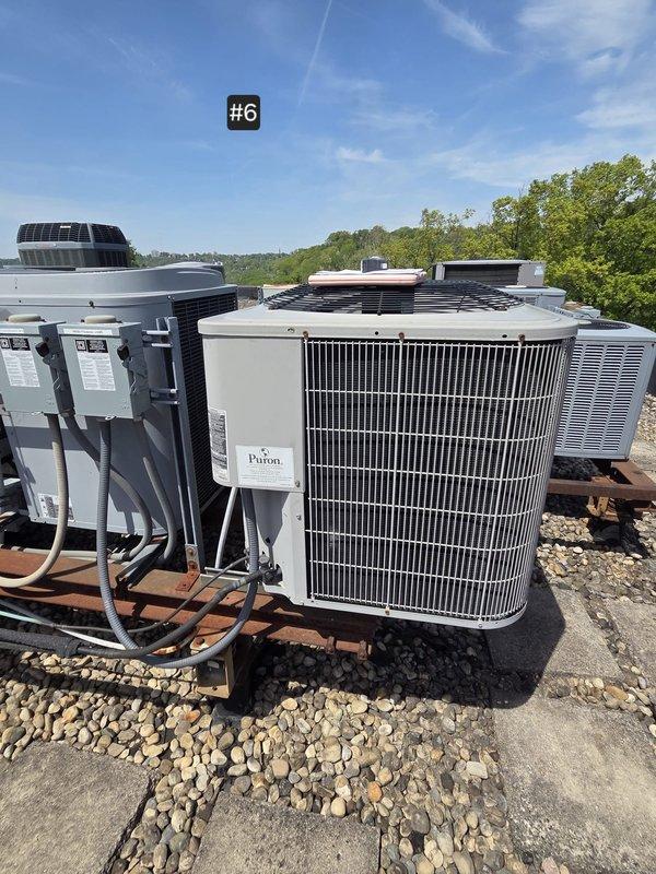 Completed full heat pump system replacement including rooftop condenser unit and indoor air handler with evaporator coil. Installed new cylindrical condenser on existing rooftop gravel surface with proper electrical disconnect boxes and control panels. Replaced indoor furnace and air handler assembly in utility closet, ensuring proper refrigerant line connections with insulated copper piping. Verified all electrical connections, secured refrigerant lines with appropriate strapping, and confirmed proper airflow direction on 16" x 30" x 1" filter access. System tested and operational upon completion.