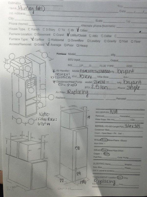 Completed heat pump system replacement for unit #2 located in upflow utility closet configuration. Replaced existing Bryant air handler (model 214DNL) with new equipment, including installation of associated ductwork modifications to accommodate 20" and 29" height specifications. Updated thermostat and replaced air filter with 16½" width unit, ensuring proper integration with existing Aprilaire humidifier system and galvanized metal ductwork.
