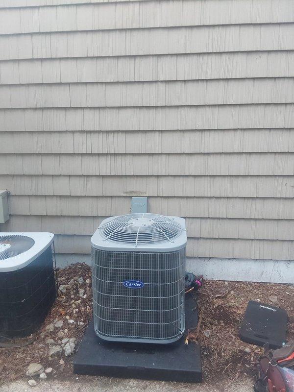 Completed full commercial HVAC system replacement including installation of Bryant FMA5X2400AL R-454B air handler with 8kw electric heat pack and Bryant GA4SAN51800N 1.5-ton 14 SEER condenser utilizing R-454B refrigerant. Flushed and reused existing refrigerant lines, fabricated sheet metal connections to integrate with existing supply and return ductwork, installed outdoor disconnect with whip, pad, and fuses, obtained necessary permit, and disposed of existing equipment per EPA specifications with old unit left on-site per maintenance request.