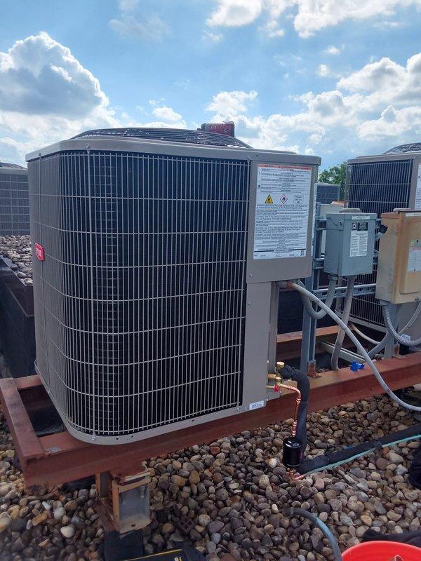 Completed full dual-zone HVAC system replacement including two rooftop heat pump units (Legacy 2.0-ton and 2.5-ton models utilizing R454B refrigerant) and two indoor FJ5 fan coil air handlers installed in utility closets. Installed two 10kw heat kits in the new air handlers to provide supplemental heating capacity. Replaced both thermostats to ensure proper system control and operation.

Purged linesets with nitrogen and performed comprehensive pressure leak testing to verify system integrity prior to charging. Reconfigured return air drop for the bedroom closet air handler to optimize airflow distribution for the new equipment specifications. Replaced filter rack on bedroom closet unit to accommodate new system requirements.

Installed new electrical disconnect boxes with fuses at both outdoor units to meet current code requirements. Replaced Bryant bypass humidifier on the hallway system to maintain proper indoor humidity levels. Reconnected both air handlers to existing drain lines 