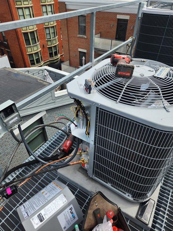 Completed full commercial HVAC system replacement including installation of Bryant GA4SAN524 2-ton air conditioning condensing unit and Bryant FMA5X2400AL air handler equipped with 8kw heat pack. Installed new thermostat, fabricated and connected sheet metal to existing flue, and provided electrical disconnect, whip, pad, and fuses for proper system operation. Removed and disposed of existing equipment in accordance with EPA refrigerant recovery specifications, obtained necessary permit, and commissioned system with refrigerant charging and operational testing to verify proper performance.