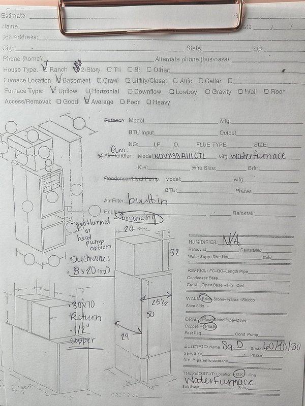 Provided estimate for complete replacement of 16-year-old geothermal heating system with failing evaporator coil. Evaluated existing Taco Flow Center hydronic distribution system with circulation pump and assessed current air handler configuration. Prepared comprehensive replacement proposal including new geothermal heat pump system, air handler unit, electrical requirements, and associated components to allow homeowner to compare repair versus replacement options.