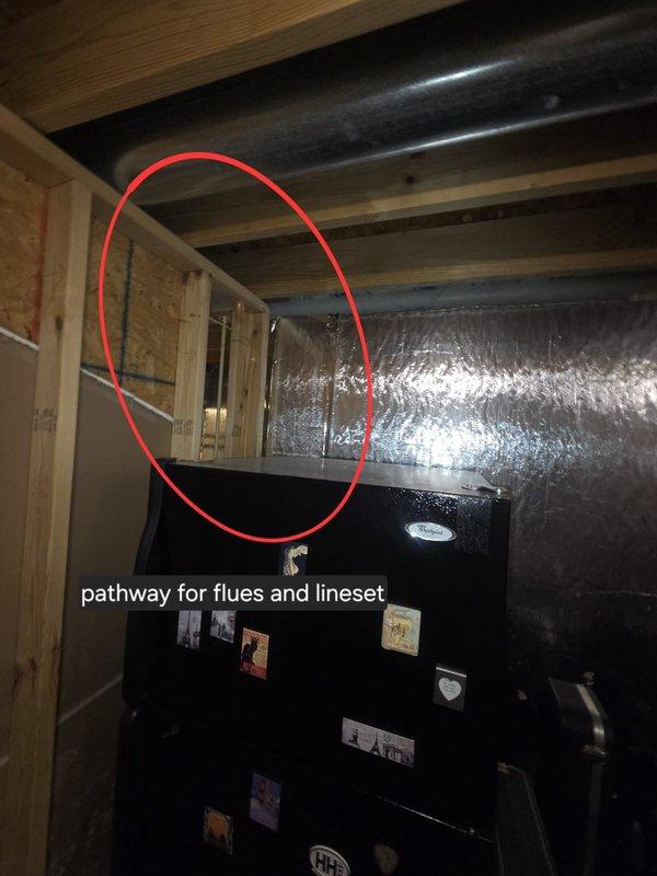 Completed estimate for replacement of existing geothermal system with new gas furnace and air conditioning equipment due to current cooling failure. Assessed installation pathways for gas line routing through ceiling space and identified pathway for refrigerant lineset and flue venting through basement framing to accommodate new HVAC equipment configuration.